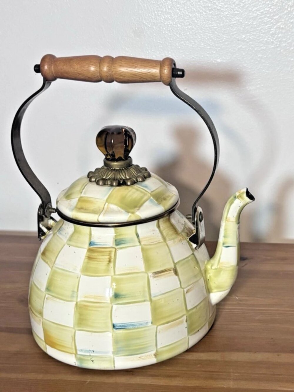 Mackenzie Childs Parchment Check Yellow Checkered Teapot Kettle 2 Quart